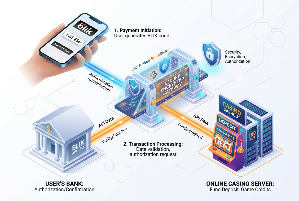 Techniczny diagram przepływu płatności BLIK w kasynie online poprzez bramkę MiFinity