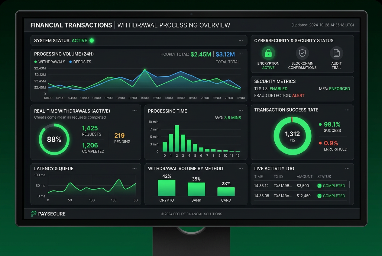 Modern payment audit dashboard showing successful casino withdrawal transactions and green liquidity graphs