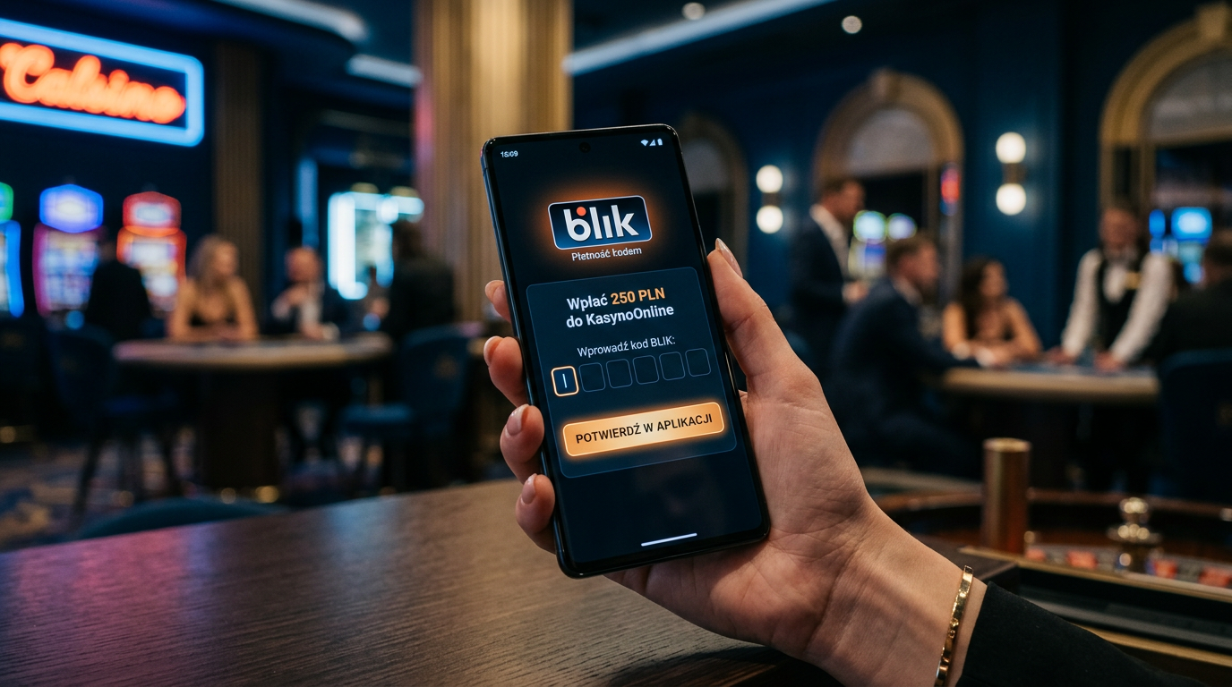 Smartfon z aktywną sesją płatności BLIK w kasynie internetowym na tle nowoczesnego wnętrza