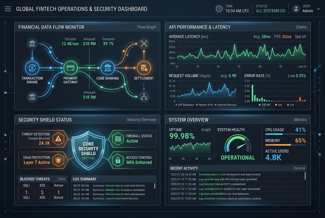 Modern fintech payment gateway dashboard with API analytics