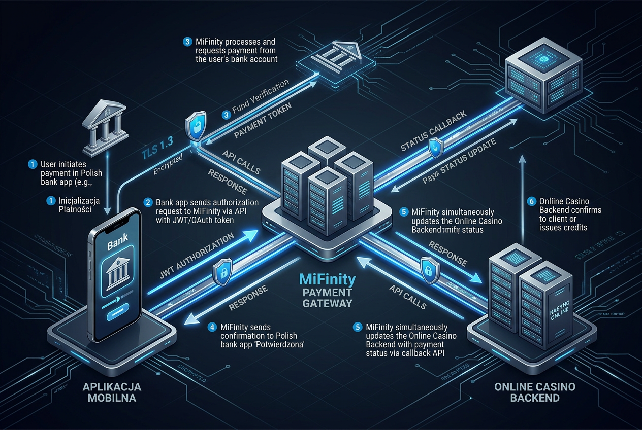 Diagram techniczny przedstawiający architekturę bezpiecznego połączenia API pomiędzy polską aplikacją bankową a kasynem online